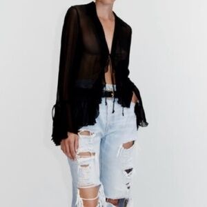 Zara Black Sheer Blouse With Ties & Ruffles